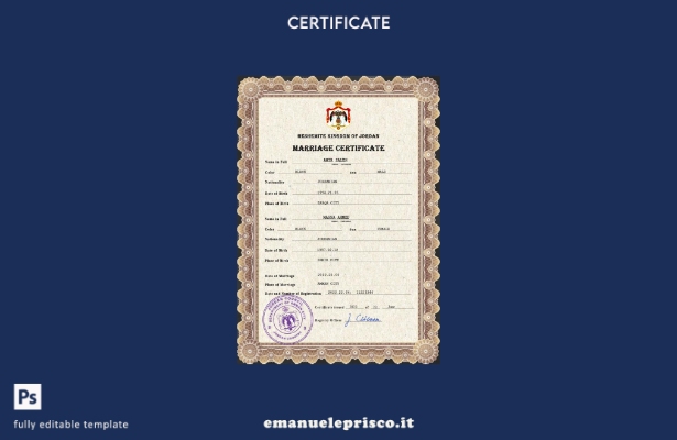 modello PSD di certificato di matrimonio in Giordania in stile verificato
